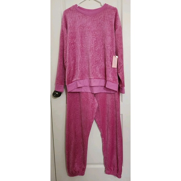 Plush & Lush Other - Juicy Couture Pink Plush‎ Velour Lounge Set Embossed Logo 2 Pc Women XL NWT